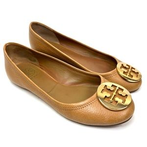 Tory Burch Reva Leather Ballet Flats Shoes Royal Camel Tan Gold Logo Size 7 C